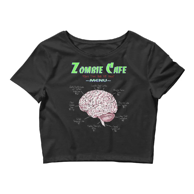 Zombie Cafe Brains Menu Horror Women’s Crop Top Tee Shirt Print Jacquard Patchwork