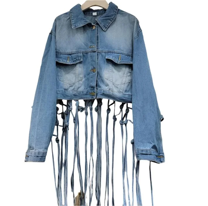 Cut Out Back Tassel Denim Long Sleeve Jacket Satin Fabric Silk Fabric Chiffon Fabric