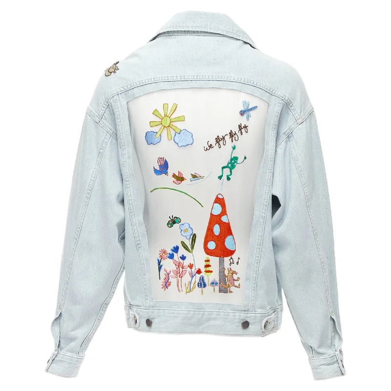 Mira Mikati Washed Denim Sheer Embroidery Oversized Jacket Nylon Fabric Polyester Fabric Spandex Fabric