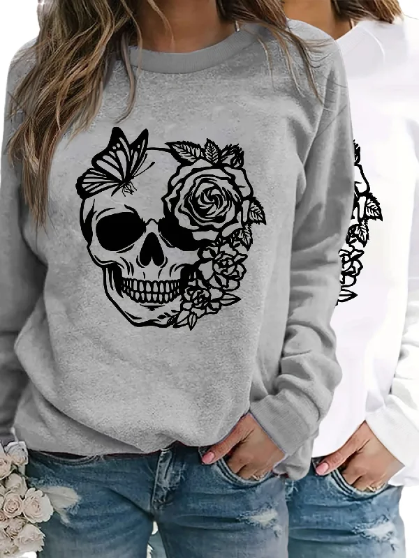 Trendy Rose Skull Graphic Loose Fit Sweatshirt - Soft, Casual, Long Sleeve Crew Neck Design, Women's Fashion Clothing for Everyday Wear Hoodie with Cuffed Sleeves Snug Secure