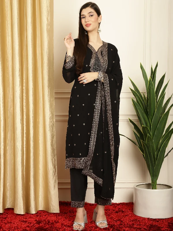 Women's Black Georgette Resham Thread & Sequin Kurta With Trouser & Dupatta  (Semi-Stitched ) - Aastha Fashion Trousers Running Lightweight