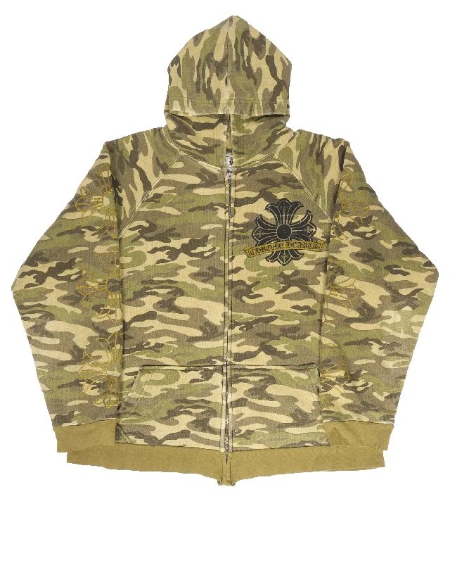 Camo Thermal Zip Up Hoodie Hoodie with Hem Embroidery Detailed Premium