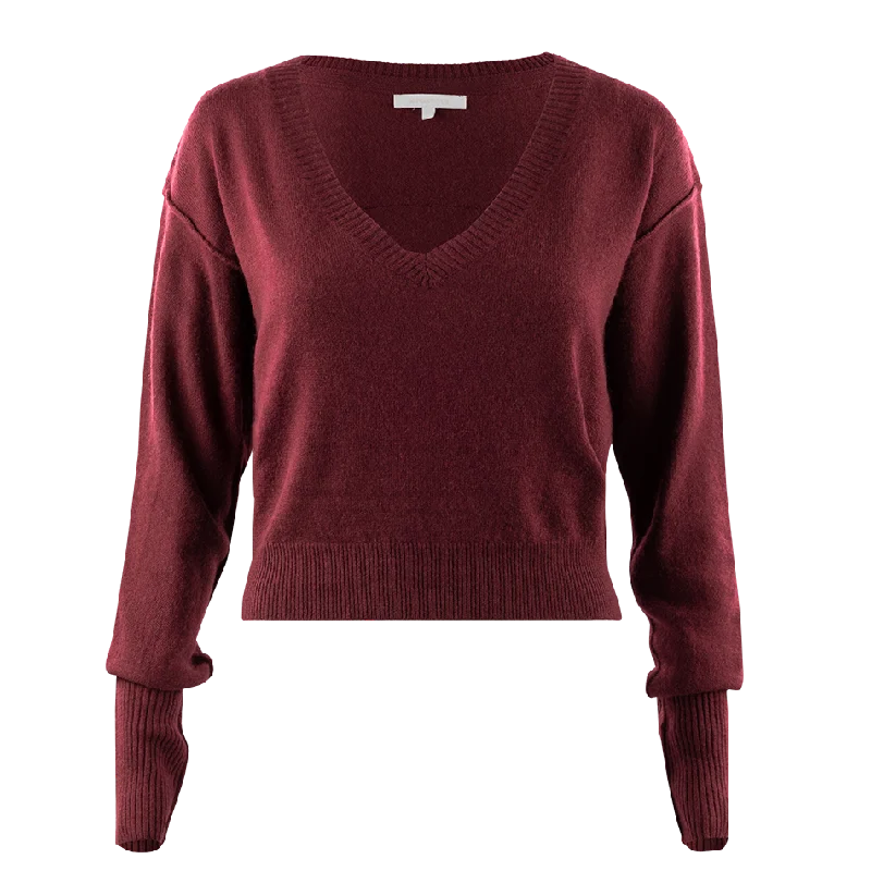 Maroon V-Neck Thin Sweater Welt Pockets Slit Pockets Flap Pockets