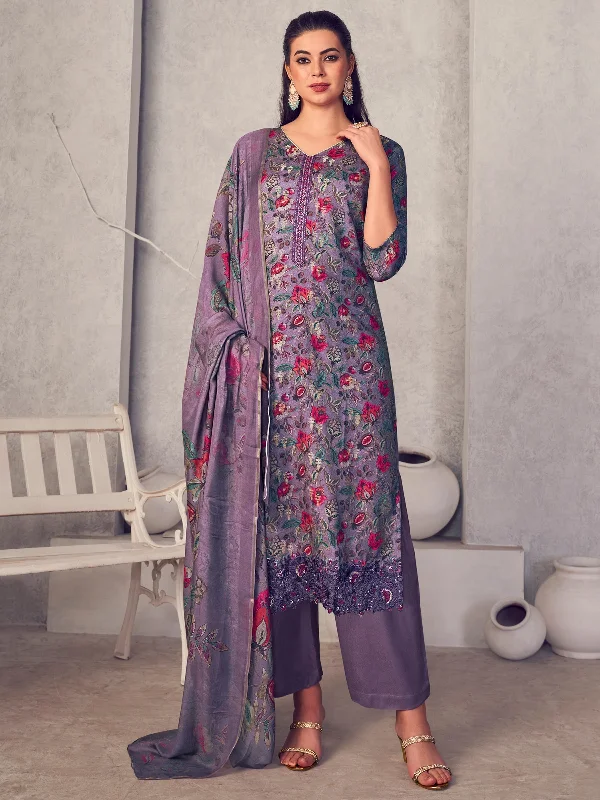 Women's Purple Pure Pashmina Digital Print With Jacquard Woven Kurta With Trouser & Dupatta  (Semi-Stitched ) - Aastha Fashion Trousers luxurious premium