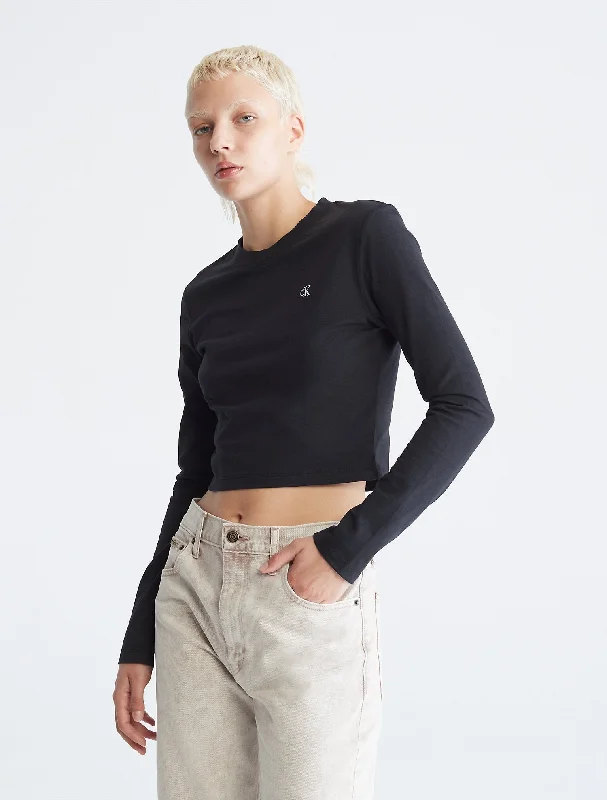 Calvin Klein Monogram Logo Long Sleeve Crop Top - Women Silk Blend Satin Velvet