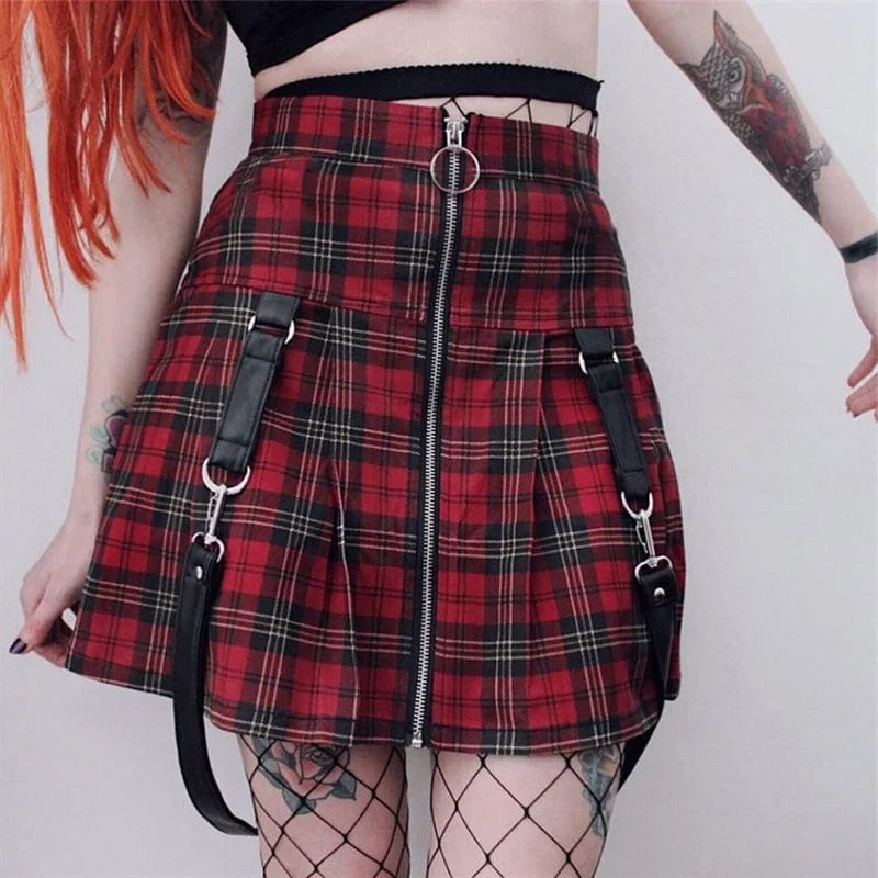 Gothic Harajuku Skirt Red Plaid Punk Woman Mini Skirts Lady Zip Pocket silk skirt lustrous