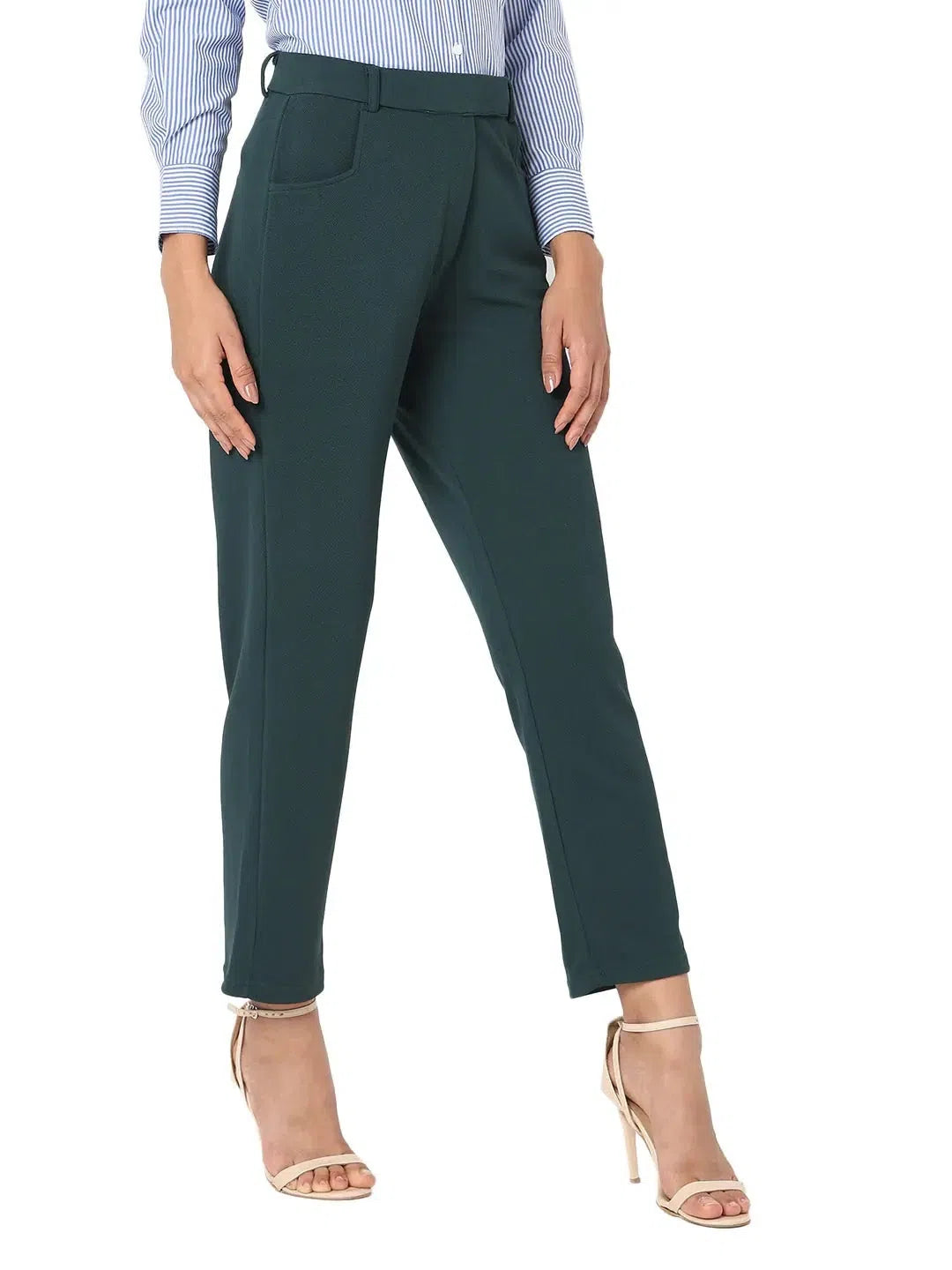 Smarty Pants Women's Cotton Lycra Ankle Length Straight Fit Bottle Green Formal Trouser Trousers Essential Wardrobe