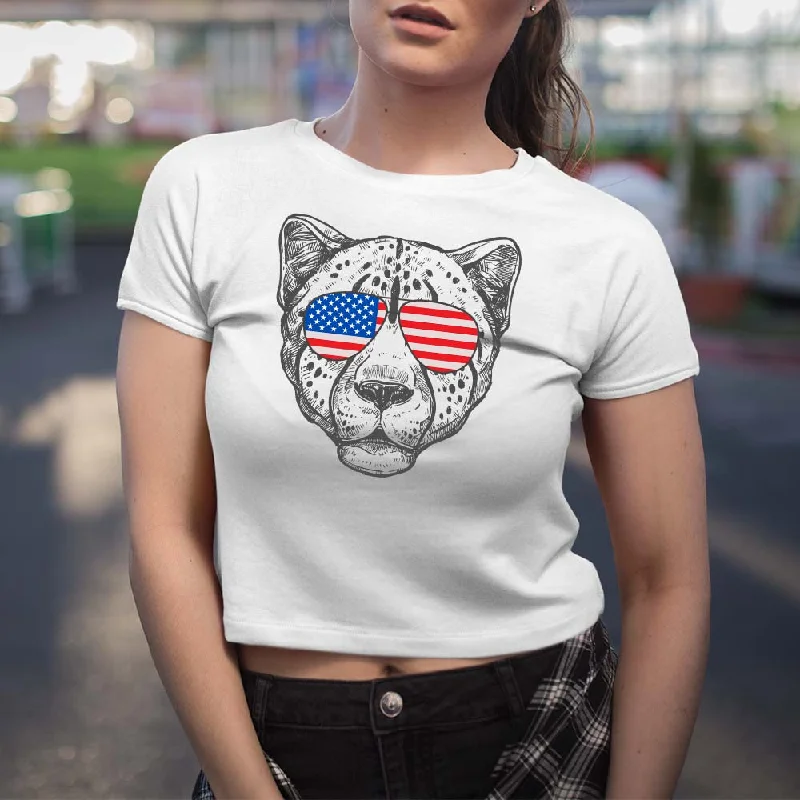 Cheetah Graphic Crop Top with USA Flag Sunglasses Patriotic Animal Print Top for Women, lioness-love Welt Pockets Slit Pockets Flap Pockets