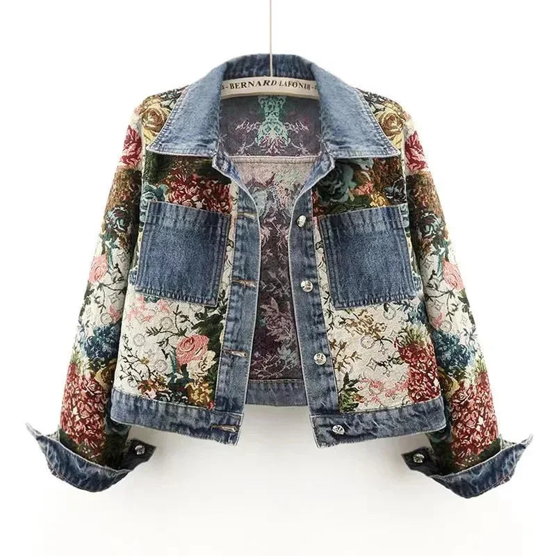 Denim Floral Long Sleeve Jacket Wool Fabric Cashmere Fabric Tweed Fabric