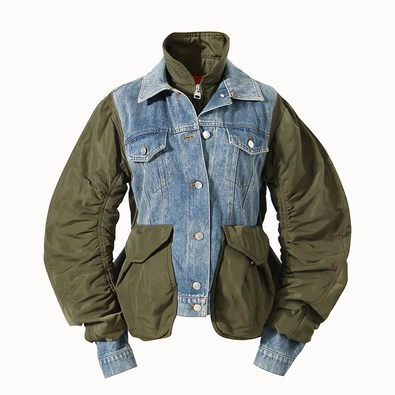 Blue &  Olive Denim Color-block  Jacket Front Pockets Side Pockets Patch Pockets