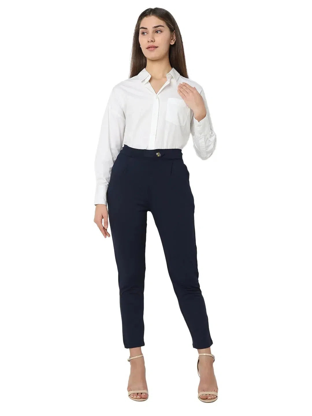 Smarty Pants Women's Cotton Lycra High Raise Waist Ankle Length Navy Blue Formal Trouser Trousers trendy modern