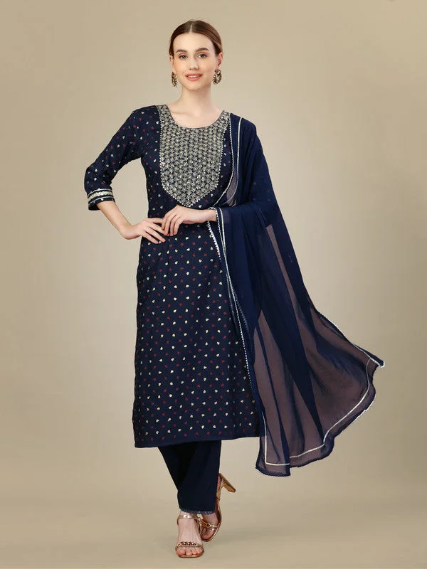 Women's Navy Blue Silk Blend Embroidery & Sequence Work Kurta With Trouser & Dupatta  (Stitched ) - Aastha Fashion Trousers Polka Dot Cute