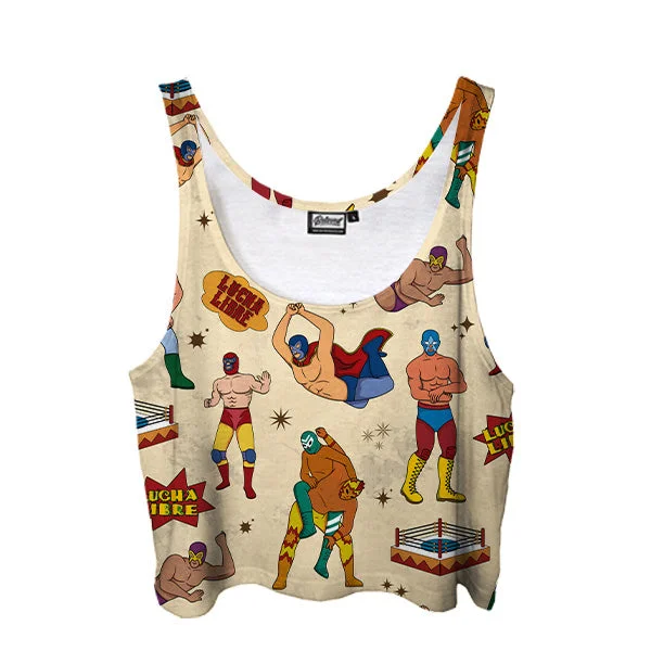 Lucha Libre Pattern Crop Top Welt Pockets Slit Pockets Flap Pockets