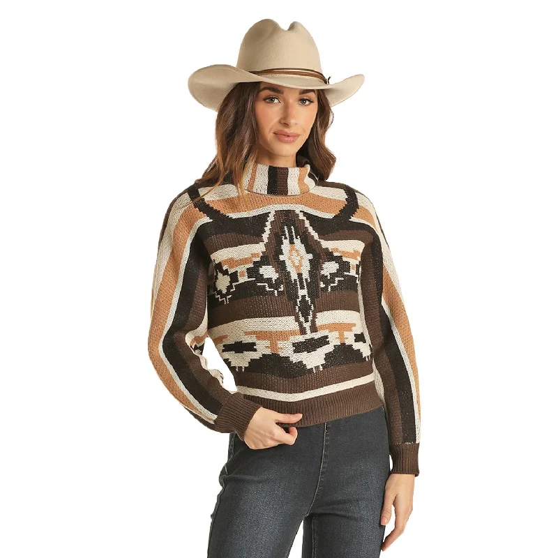 Rock & Roll Cowgirl® Ladies Long Horn Skull Sweater 46-2394 Print Jacquard Patchwork