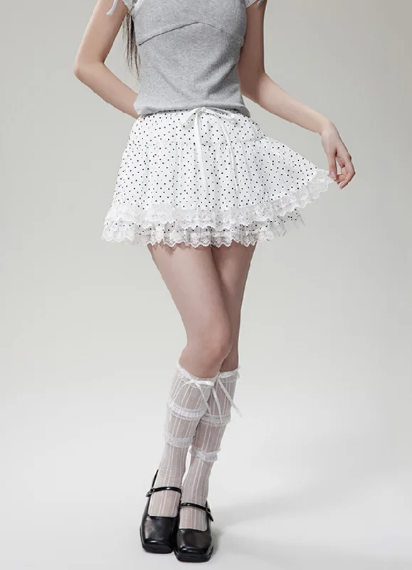 Lace Hem Dot Pattern A-Line Mini Skirt NTO0079 silk skirt lustrous