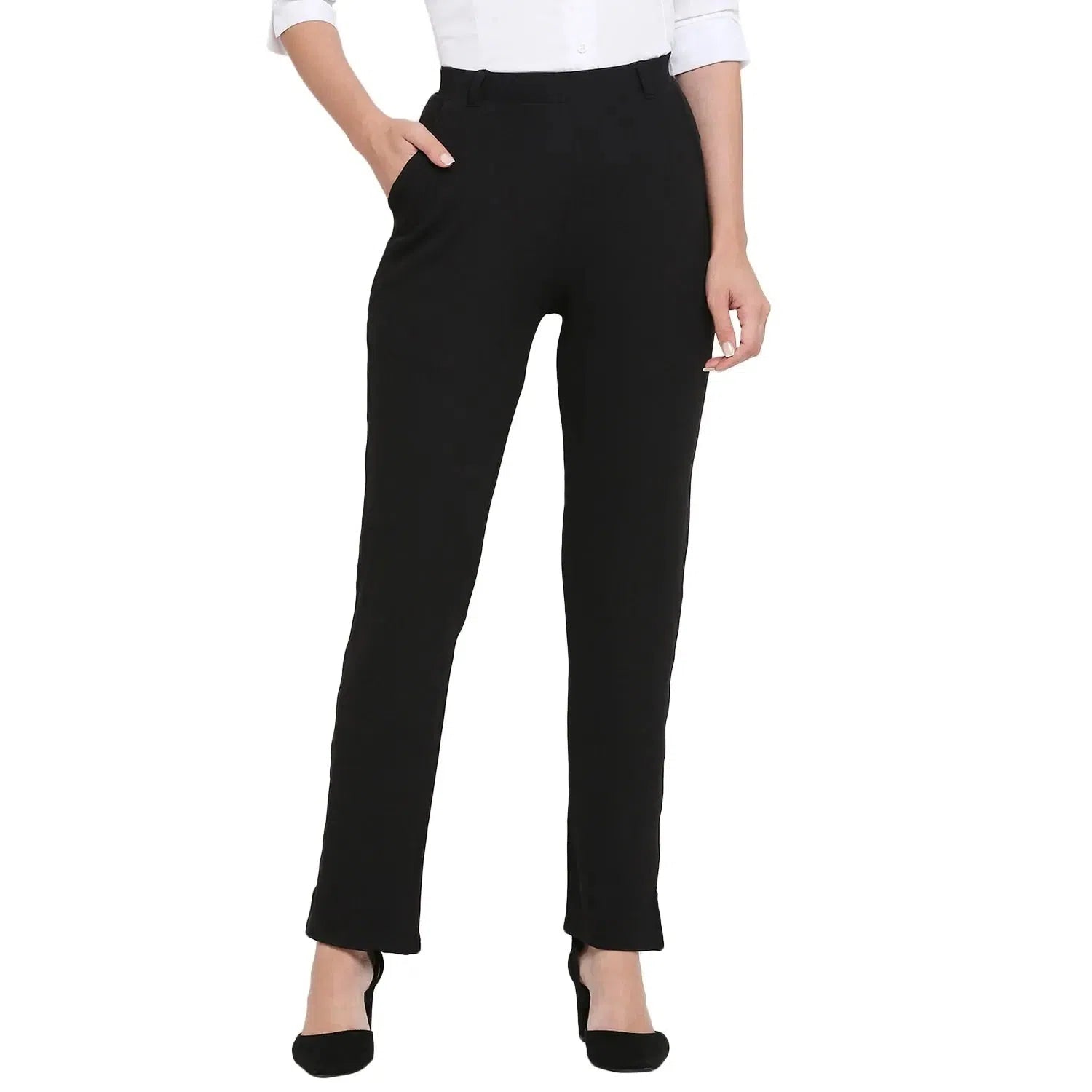 Smarty Pants Women's Cotton Lycra Straight Leg Black Color Formal Trouser Trousers Culottes Wide Leg