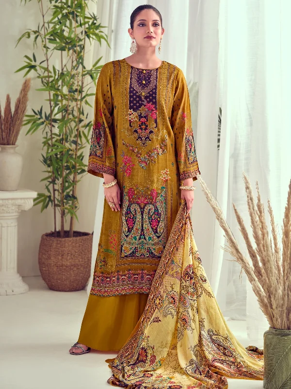 Women's Mustard Muslin Floral Digital Print With Resham Thread Work Kurta With Trouser & Dupatta  (Semi-Stitched ) - Aastha Fashion Trousers Fleece Cozy