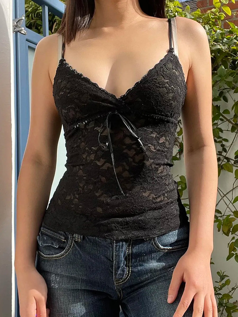 Black See Through Lace Cami Crop Tops Women Summer Y2K Clothes Sleeveless V Neck Sexy Tanks Camis Aesthetic 2000s Gothic Tees Elegant Classic Vintage