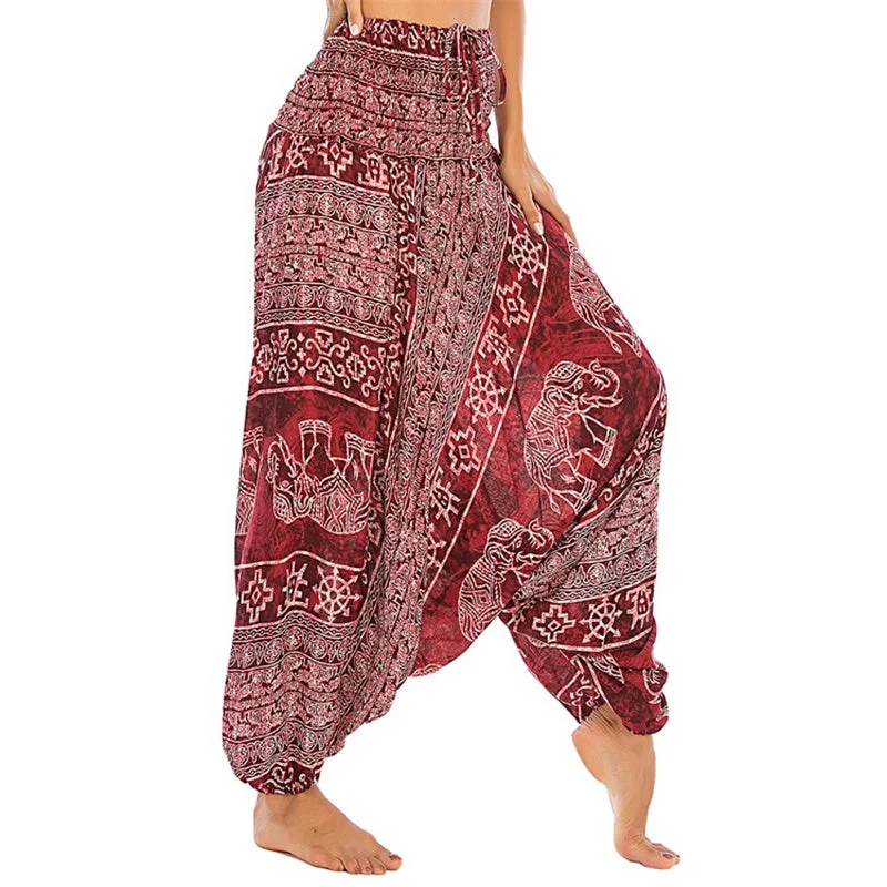 Buddha Stones Two Style Wear Elephant Pattern Loose Smocked Harem Trousers Jumpsuit Women's Yoga Pants Trousers Winter Warm