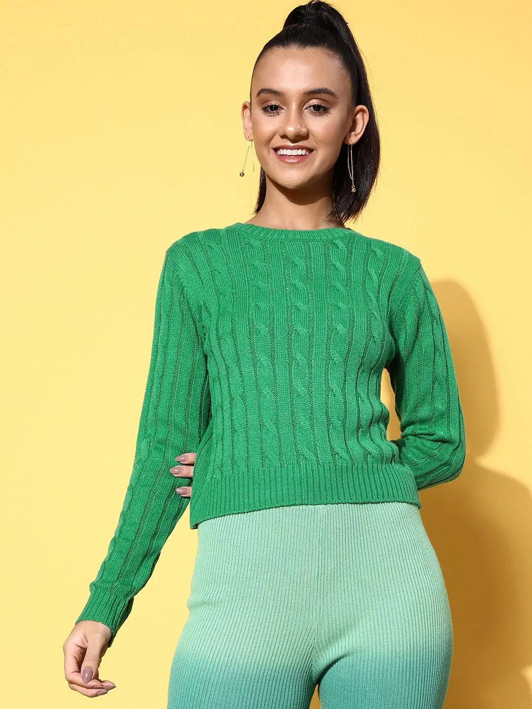 Women Green Cableknit Full Sleeves Sweater Ribbed Striped Patterned