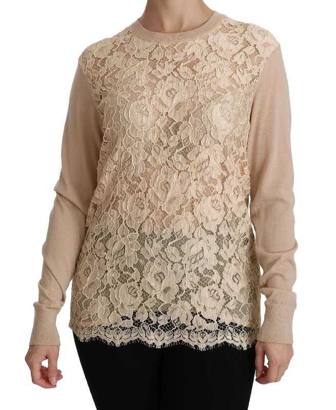 Dolce & Gabbana  Women's Beige Cashmere Lace Knit Sweater     Lace Knit Sweater in Beige    Women's Beige Cashmere Lace Knit Sweater by      Beige Cashmere Lace Knit Sweater for Women     Lace Nylon Fabric Polyester Fabric Spandex Fabric