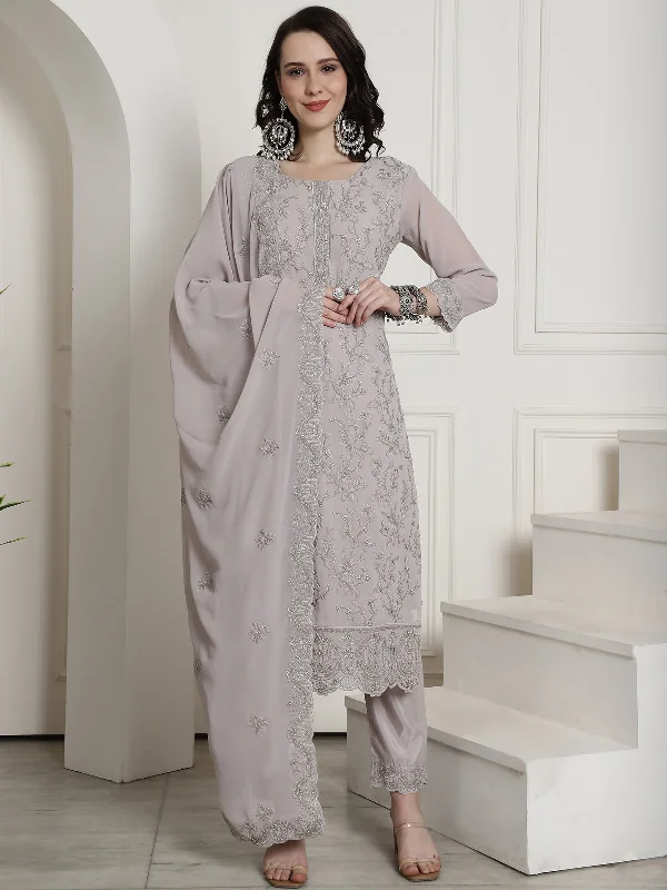 Women's Grey Georgette Floral Resham Thread With Cording & Crystal Work Kurta With Trouser & Dupatta  (Semi-Stitched ) - Aastha Fashion Trousers Denim Distressed