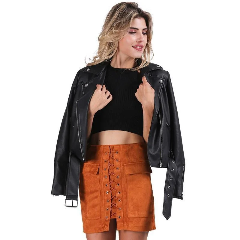 Simplee PU leather jacket coat Classic basic black short jackets women outwear adjustable waist motorcycle jacket Snapped Jacket Toggled Jacket Drawstring Jacket