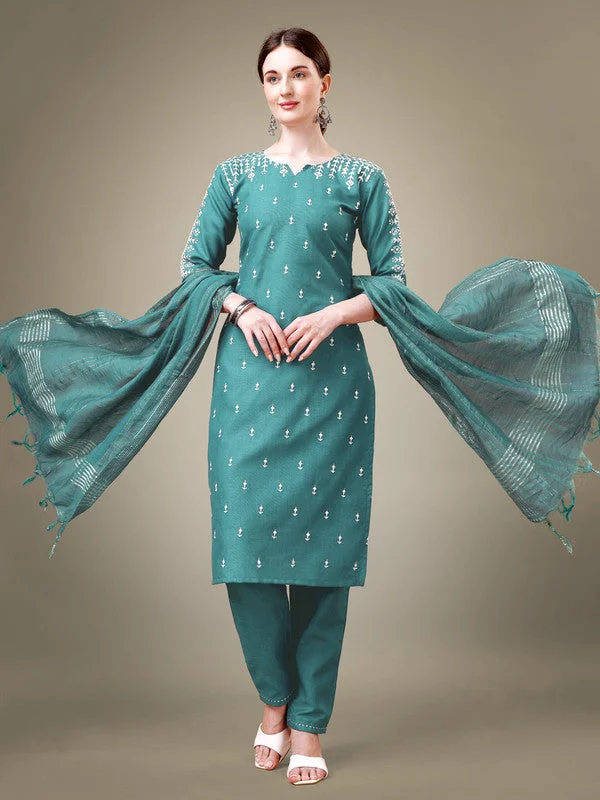 Women's Teal Cotton Blend Embroidery & Sequence Work Kurta With Trouser & Dupatta  (Stitched ) - Aastha Fashion Trousers Flared Retro