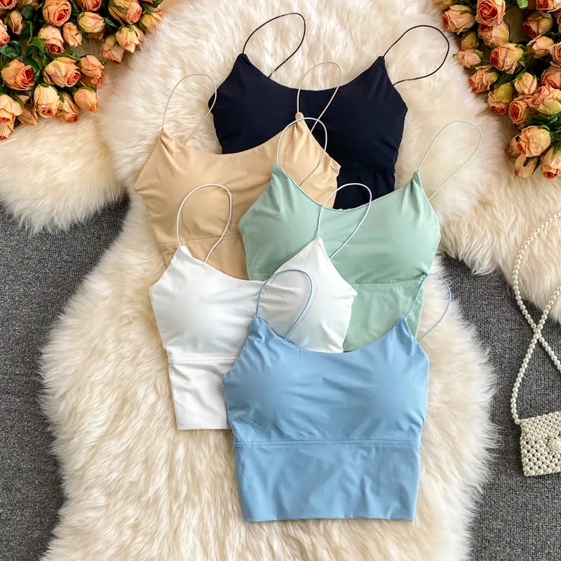 Women Crop Tops Sexy Solid Color Camisole Ice Silk Tube Top Seamless Sports Tank Top Wireless Underwear Padded Bra Bralette Vest Cotton Fabric Linen Fabric Terry Fabric