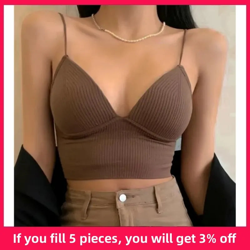 Women Seamless Crop Top Underwear Wire-Free V-Shaped Camisole Thin Straps Striped Solid Bralette Lingerie One-Piece Tube Tops Chenille Brocade Lace