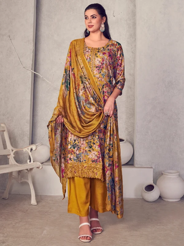 Women's Mustard Pure Pashmina Digital Print With Jacquard Woven Kurta With Trouser & Dupatta  (Semi-Stitched ) - Aastha Fashion Trousers cozy comfortable