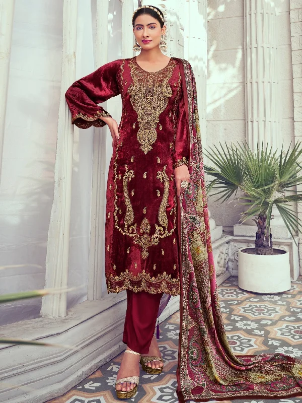 Women's Maroon Velvet Cording With Digital Printed Kurta With Trouser & Dupatta  (Semi-Stitched ) - Aastha Fashion Trousers sophisticated sleek