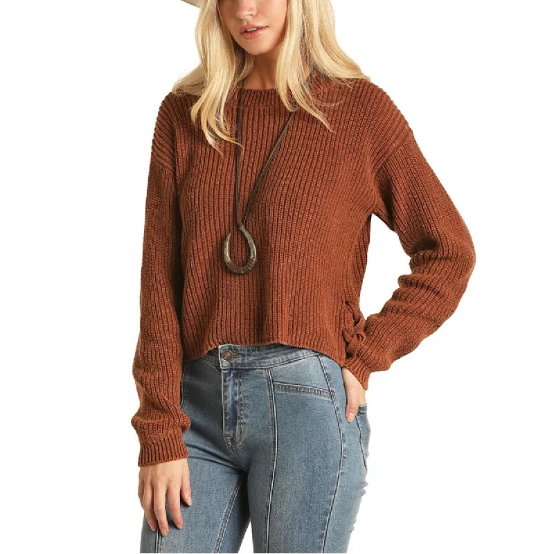 Rock & Roll Cowgirl Ladies Side Slit Brown Knit Sweater 46-1181-24 Hooded Caped Shawl Collar