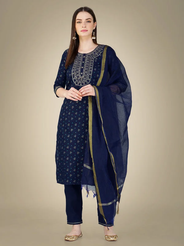 Women's Navy Blue Cotton Magic Slub Embroidery & Sequence Work Kurta With Trouser & Dupatta  (stitched 40 size, Alt 38 to 44 size) - Aastha Fashion Trousers versatile all-occasion