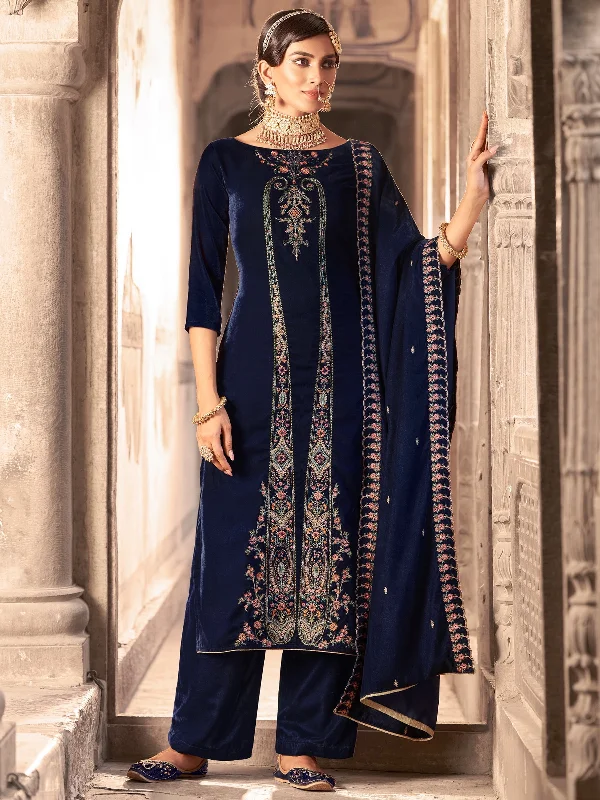 Women's Navy Blue Velvet Floral Resham Thread With Jari Work Kurta With Trouser & Dupatta  (Semi-Stitched ) - Aastha Fashion Trousers fashionable chic