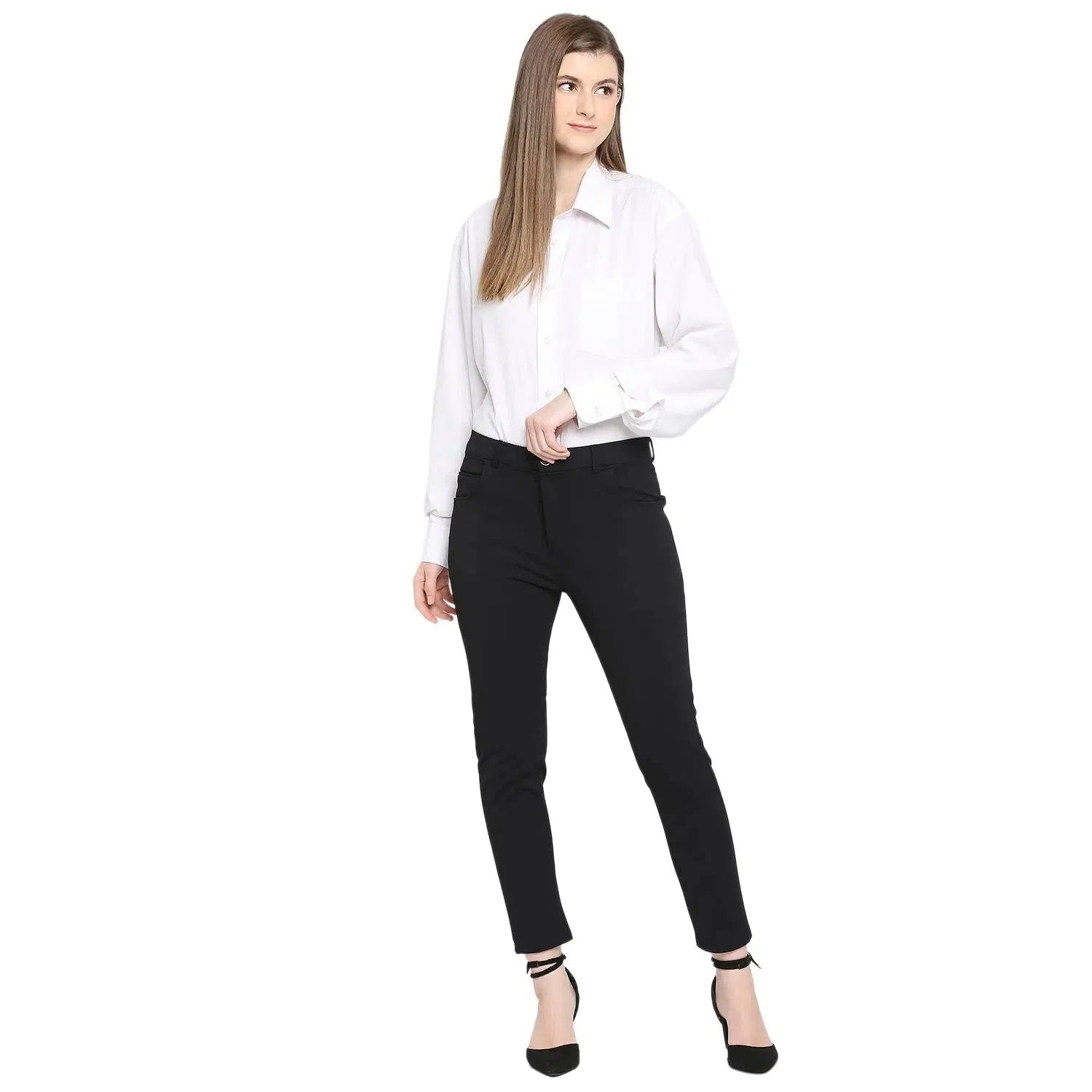 Smarty Pants Women's Cotton Lycra Ankle Length Black Formal Trouser-SMPT-827A-S Trousers Striped Patterned