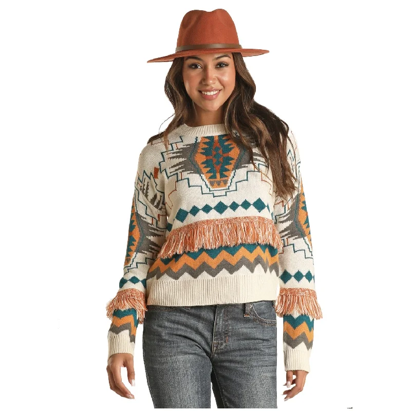 Rock & Roll Cowgirl® Ladies Aztec Print Natural Beige Sweater 46-2371 Boxy Sweater Fitted Sweater A-Line