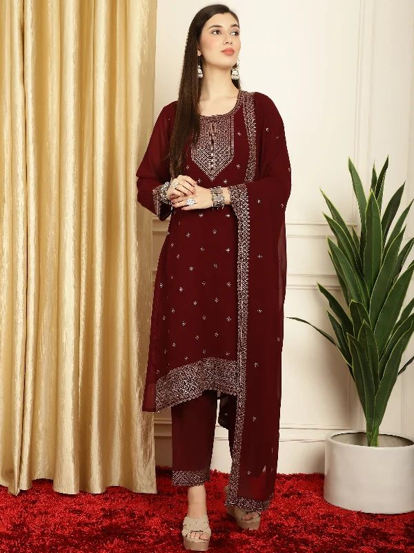 Women's Maroon Georgette Resham Thread & Sequin Kurta With Trouser & Dupatta  (Semi-Stitched ) - Aastha Fashion Trousers Hiking Durable