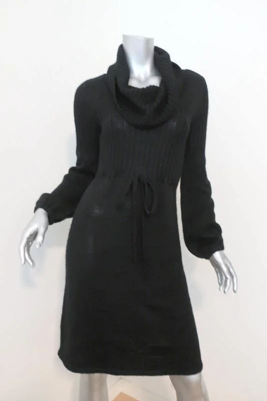 Calvin Klein Sweater Dress Black Wool Size Extra Small Cowl Neck Long Sleeve Silk Blend Satin Velvet