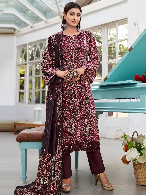 Women's Wine Velvet Digital Print With Resham Thread Work Kurta With Trouser & Dupatta  (Semi-Stitched ) - Aastha Fashion Trousers Flared Retro