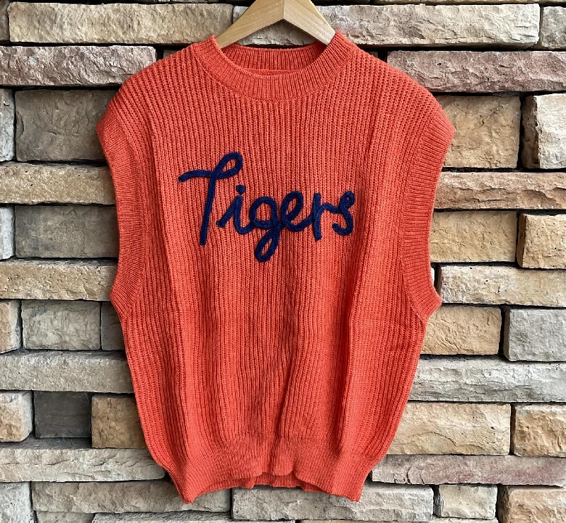 Cloud Ten "Tigers" Womens Embroidered Sleeveless Sweater Top (Clemson Tennessee) Silk Blend Satin Velvet