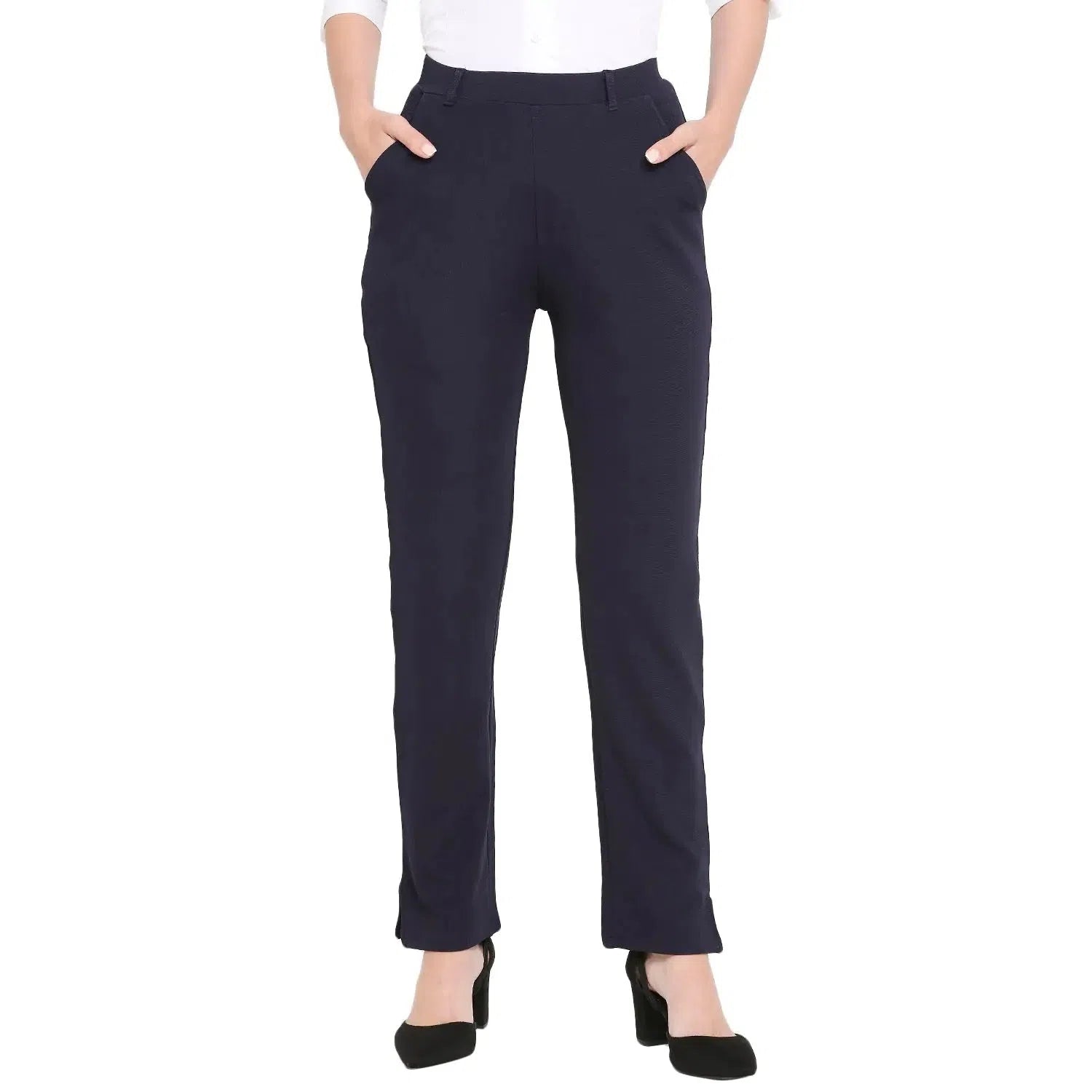 Smarty Pants Women's Cotton Lycra Straight Leg Navy Blue Color Formal Trouser Trousers Bootcut Casual