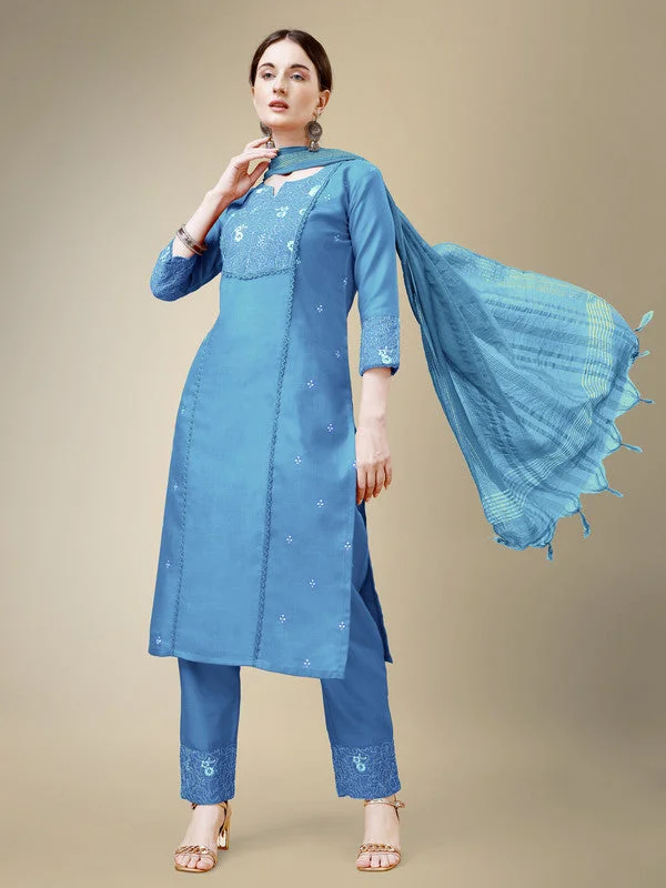 Women's Sky Blue Cotton Blend Embroidery & Fancy Lace Work Kurta With Trouser & Dupatta  (Stitched ) - Aastha Fashion Trousers Elastic Waist Soft