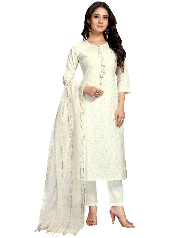 Women's Off White Cotton Flex Embroidered Kurta With Trouser & Dupatta  (Semistitched (SKD) ) - Aastha Fashion Trousers Bestseller Popular