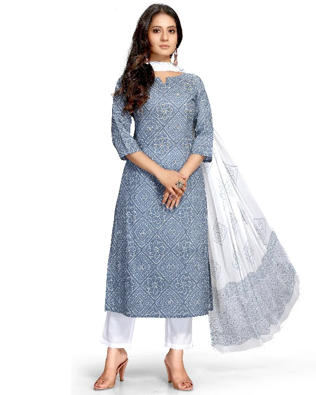 Women's Blue Cotton Embroidered Kurta With Trouser & Dupatta  (Semistitched (SKD) ) - Aastha Fashion Trousers Top Rated