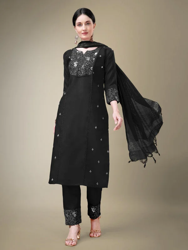 Women's Black Cotton Blend Embroidery & Fancy Lace Work Kurta With Trouser & Dupatta  (Stitched ) - Aastha Fashion Trousers Tapered Slim Fit