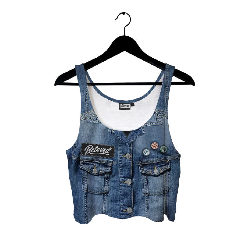 Denim Vest Crop Top Terry Blend Velvet Blend Canvas Blend