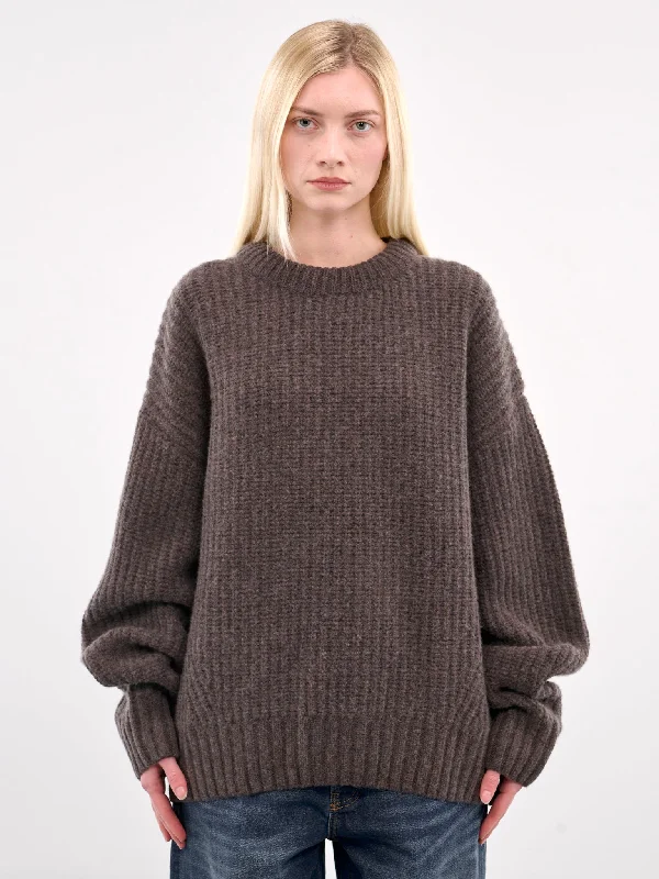 Knit Crewneck Sweater (AMBR2525-TAUPE) Real Fur Shearling Chenille