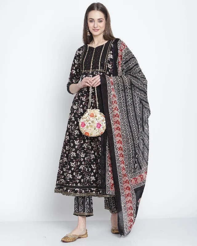 Women's Black Cotton Jaipuri Printed Kurta With Trouser & Dupatta  (Semistitched (SKD) ) - Aastha Fashion Trousers Designer Luxury