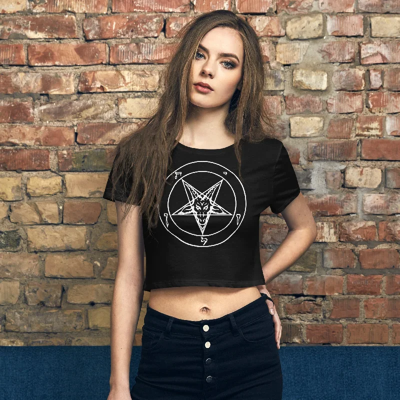 Sigil of Baphomet Occult Symbol on Women’s Crop Top Tee Shirt Hooded Caped Shawl Collar